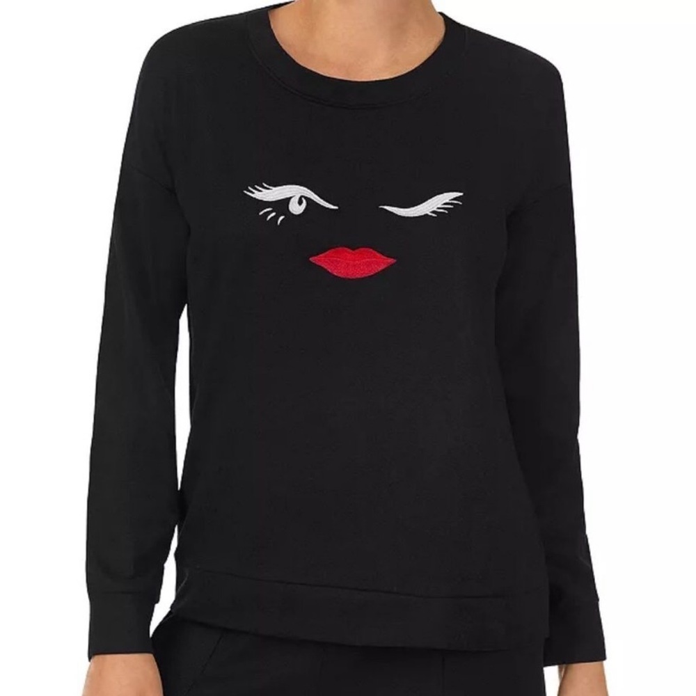 KATE SPADE‎ Women's Small Black Wink Lips Face Embroidered Sweatshirt Designer